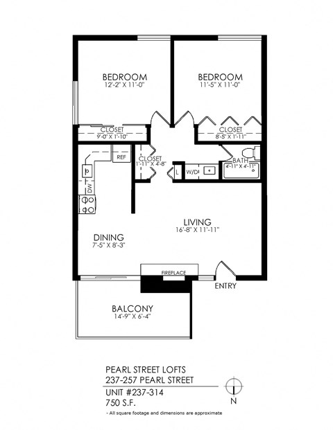 Floor plan for 2 beds, 1 bath, 715 sqft